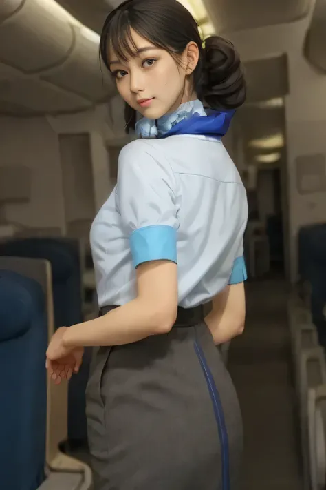 (masterpiece:1.2,  top quality:1.2), 32kHDR,  high resolution for loosely aligning the legs , (Alone、  1 girl)、（ Rooftop of a building during the day 、 Professional Writing ）、  in the background of the roof of the building  、（ANA cabincrew uniform blueを着たリ...