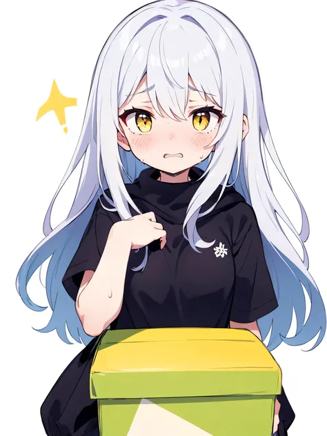 Delivery Person、 Silver Hair、 yellow eyes、 is sweating、 simple background