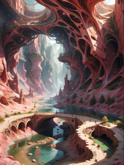 Kaleidoscope Canyon
A canyon whose walls are made of shimmering, reflective crystals that refract sunlight into intricate, ever-changing patterns. A glowing river runs through the canyon, mirroring the kaleidoscope effect in its flowing waters.