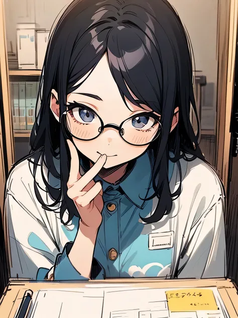 frontview,finger to mouth,black hair,forehead,Noble Librarians Clothes from Another World、glasses, older sisters face、In front of the safe、(manga style),(sketch),(illustration),