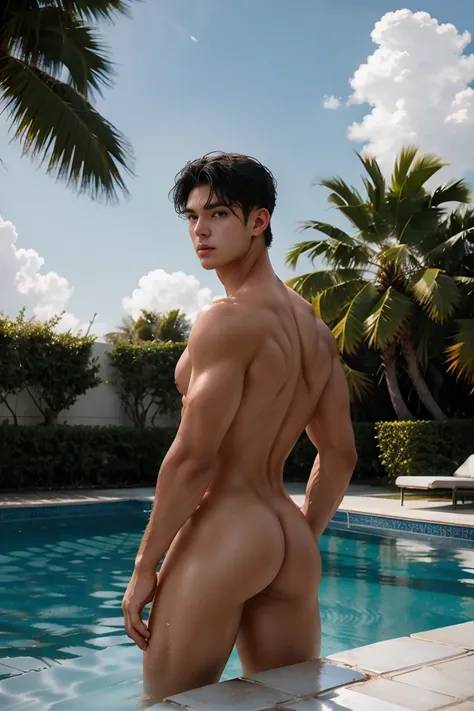 a portrait by Alexey Venetsianov, shutterstock, fine art, artem, male model, athletic tall handsome guys, in style of kyrill kotashev, perfect and proportional body, artem chebokha, 1boy, male_focus, ass, nude, solo, outdoors, pool, short_hair, sky, bara, ...