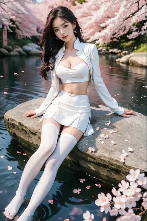 Cosplay_TeamRocket, white jacket, cropped jacket, white skirt, elbow gloves, black thighhighs, zettai ryouiki,, ((photorealistic)), ((masterpiece)), (ultra-detailed), (high quality), beautiful young woman, (Full breasts, visible cleavage), (Very short heml...