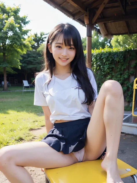   top quality ,   Masterpiece  ,  super high resolution, (reality: 1.4), Original photo,  one girl,  mature,  is super cute、 sex、White JK uniform,  high school girl、 check skirt、Happy smile, Outdoor、 sitting, Spread your legs、Naughty Girl 、 cute panties vi...