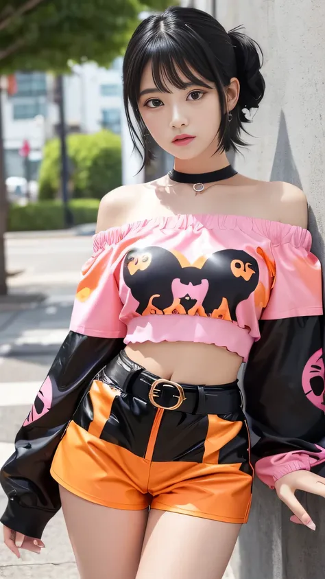  Beautiful Black Haired Idol Girl  、whole body、　Good style、、、、、、、、、、Thick legs、、  Monster Print Off Shoulder Shirt  （ Shiny pink and orange ）、  Shiny Striped Candy Tight Shorts、RIP BELT  、Pure Girl&#39;Face、  Candy Halloween Town  、Shining Monster  