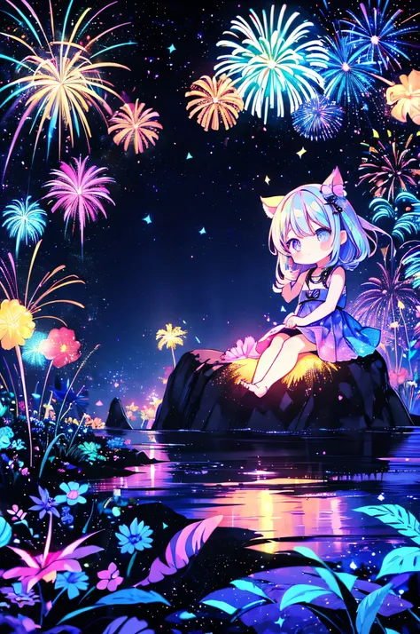 black light, 1 girl 、Chibi、cute、firework、 black lightボディペインティング、