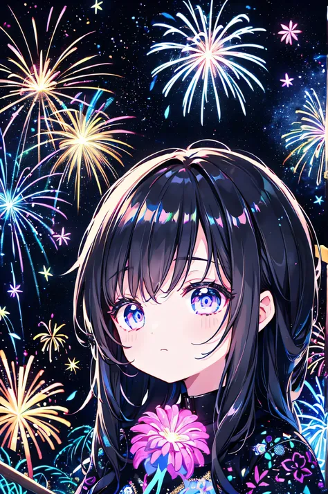 black light, 1 girl 、Chibi、cute、firework、 black lightボディペインティング、