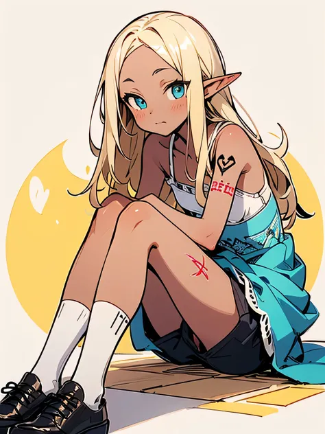 (Alone),(While sitting and putting on shoes),(fix shoelaces),blonde hair,forehead, Isekai Noble Detailed Embroidered White Bra、 Isekai Noble Detailed Embroidered White Panties 、Isekai no Noble Girdle 、Chest Tattoo、nymph、 Elf Ears 、dark skin、 older sisters ...