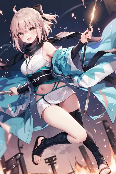 meticulous details, good composition, , cute face, perfect face, perfect hands, 1girl,okita souji (FGO), okita souji (fate), pale_pink_hair,ponytail,black_bow,sleeveless_white_short_kimono,
 smile,happy,gold_half_eyes, thigh-highs, straw_sandals,medium_bre...