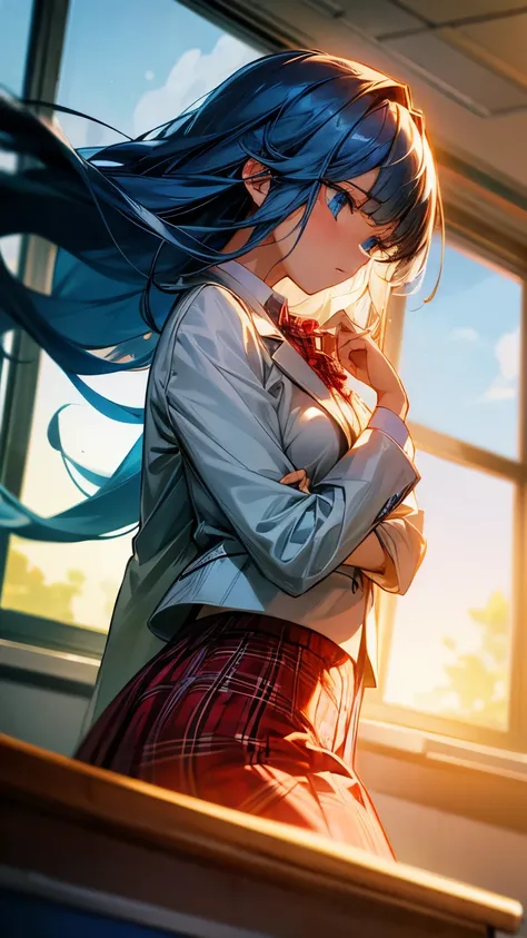 Long blue-haired, blue-eyed young girl wearing a white polo shirt, white blazer and red plaid skirt tired, low angle shot by a classroom window golden hour