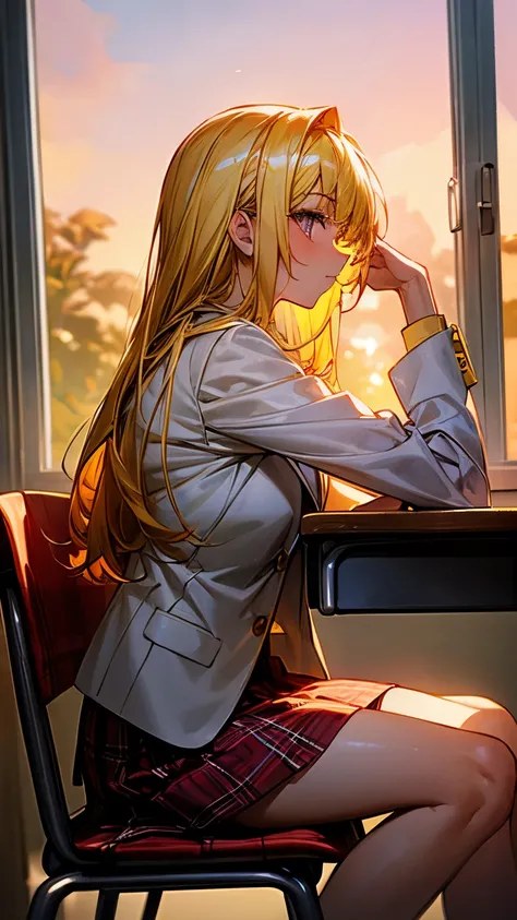 Shoulder-length yellow-haired, purple-eyed young girl wearing a white polo shirt, white blazer and red plaid skirt sitting, side shot by a classroom window golden hour