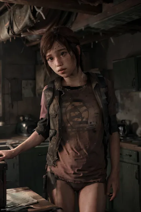 ((best quality)), ((detailed)), ((Realists)). Ellie from the last of us, 3ll13 face, 1 young girl, small shirt,  no pants, pink tight panty, small breasts, thin, detail face