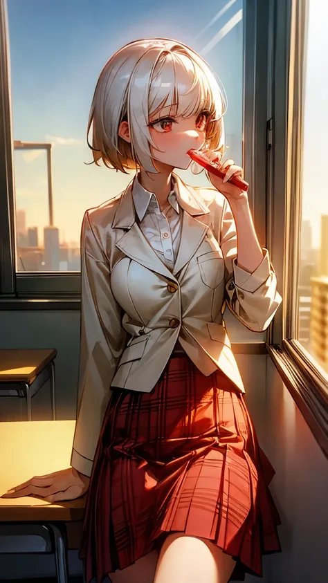 Short white-haired, red-eyed pale young girl wearing a white polo shirt, white blazer and red plaid skirt drinking juice, high angle shot by a classroom window golden hour