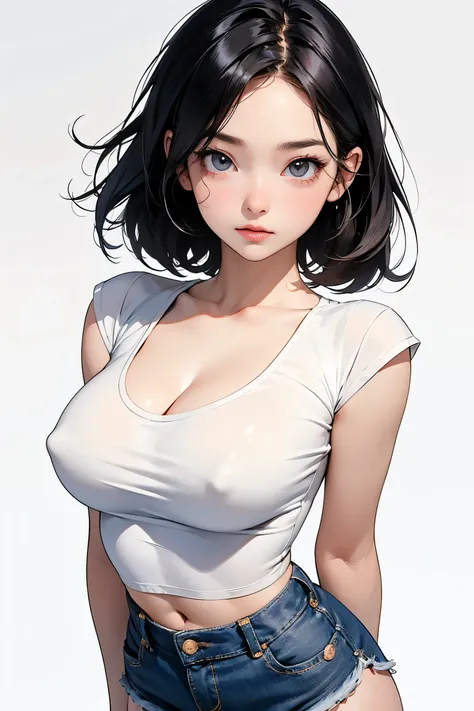 cute girl . Very kawaii , round face . alone , Slim , big breasts , cleavage, short and small . shiny skin, tight white crop top, short shorts, dynamic poses, dynamic angle, No background , White background , looking at the audience, arms behind back, 