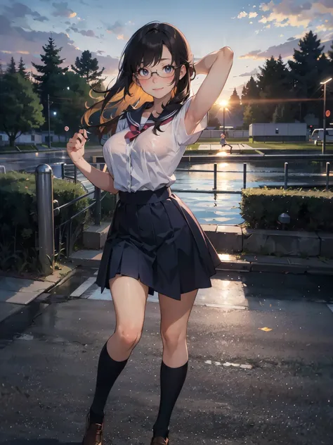 anime - style illustration of a woman in a high school outfit, white shirt:1.5, anime character, official character art, feminine, full body, female anime girl, Posing:1.5, parted bangs, glasses, (tanned:1.0), hopping step:1.5, looking at viewer, smile:1.5...