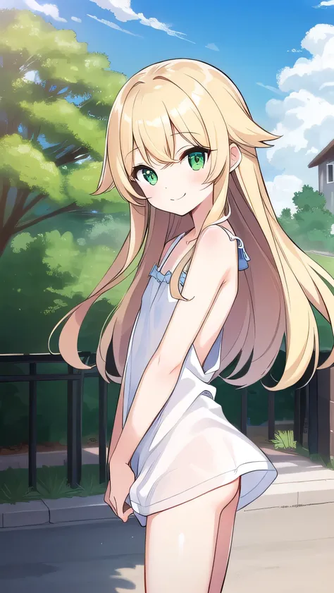 Blonde, elementary school student, green eyes, long hair , elementary school student, kind smile, park, short, , 135cm tall, blue sky, hair hanging outside，chemise，(bottomless:1.5)，flat chest ，pussy are visible