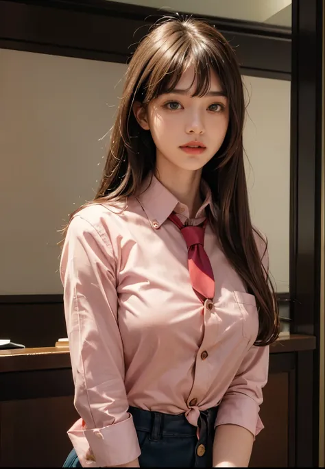   super high resolution， high res details，4k Photo Real ,((Marunouchi Building Office Portrait :1.4)),22 years old, 1 girl,((UNIQLO cherry colored cotton button-down shirt with tie and long straight hairstyle:1.4)),(( face focus:1.2)),thinウエスト,thin脚,Sale E...