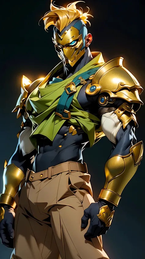 A man with short golden hair , shaved temples, slicked back.,   his face is completely hidden by the Dynasts  , Full Mask, cold look,   concept mask ,  dressed in Dynastas fantasy bib  ,   his arms and legs are dressed in the same armor  ,   he wears gold-...