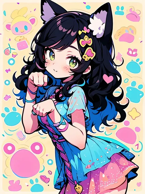 ( chibi),sideview,dutch angle,Alone,black wavy medium hair,(see through bangs),makeup,gloss eyeshadow,yellow far animal sexy dress,black mini skirt, beautiful breast,paw pose,cute face,colorful cute polka dot background、 wonderland 、（ I am the protagonist:...