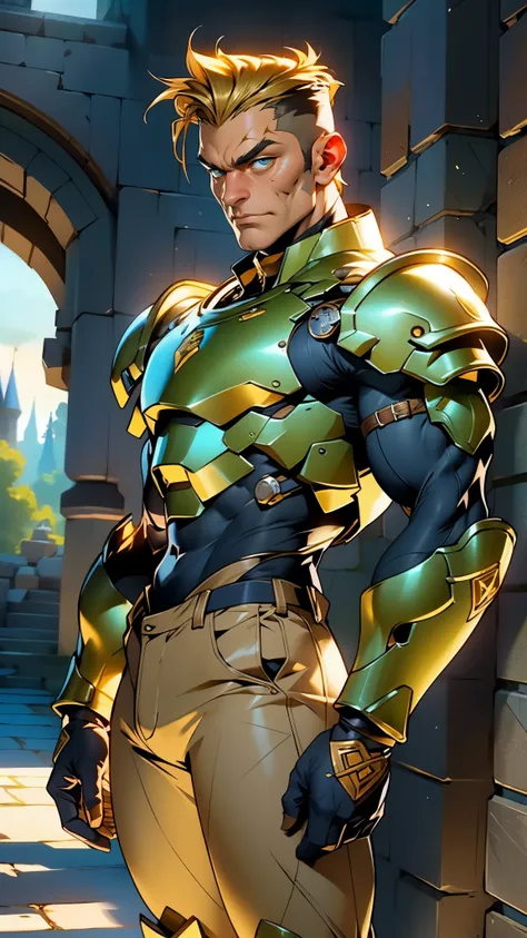 A man with short golden hair  ,  shaved whiskey , slicked back.,    his face is completely hidden by the Dynasts   , Full Mask, cold look,    concept mask  ,    his arms and legs are dressed in identical armor   ,    He wears tight pants , golden stripes ,...