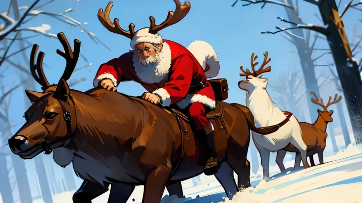 old santa and reindeer riding, festive, cartoon