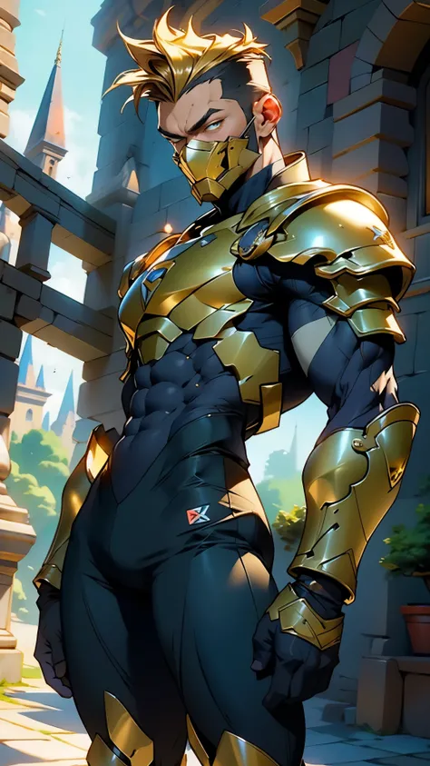 A man with short golden hair  ,  shaved whiskey , slicked back.,    his face is completely hidden by the Dynasts   , Full Mask, cold look,    concept mask  ,    his arms and legs are dressed in identical armor   ,    He wears tight pants , golden stripes ,...