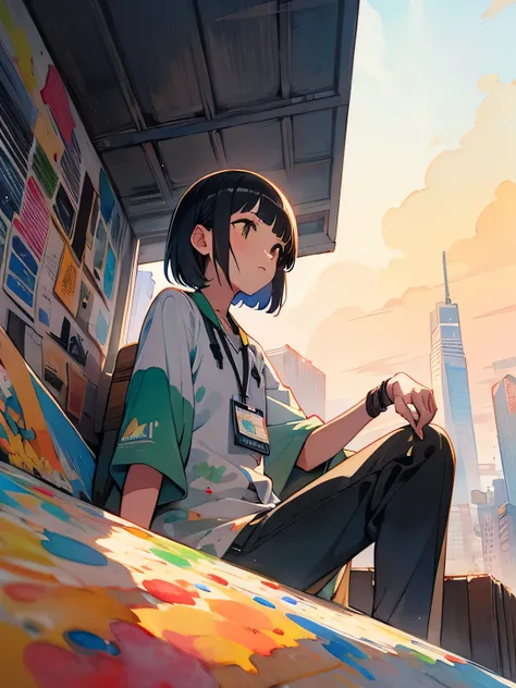 ((from below)),alone,sitting on knee,Gazing Skyward:1.2,(looking away:1.3), look up 、 drinking Starbucks coffee、black pixie cut,,(blunt bangs), office worker clothes 、Fuyu Sky 、 pale yellow sky 、 Skyscraper Rooftop、lunch break、 blank time 、Rest your mind、w...