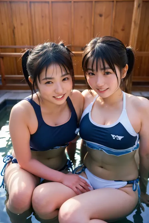 Two girls in the hot spring at a ryokan,Navy Blue School Swimsuit、 with white shoulder straps,18 years old,bangs, Little Smiles ,Knee, short hair , low ponytail, from below,bangs照明