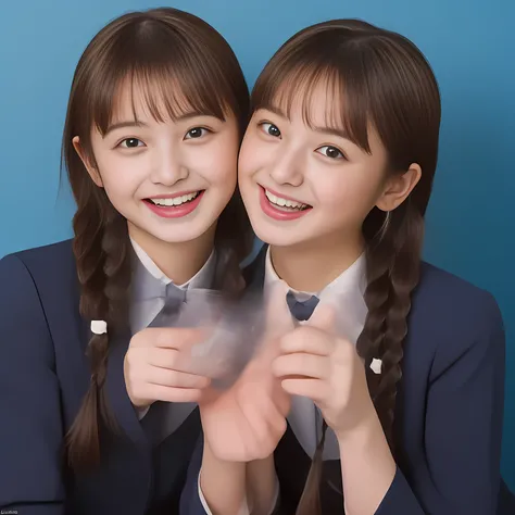 (Highest quality, masterpiece:1.2), Highest quality, High resolution, 1080P, 8k, (Two 13yo Japanese slender 清楚美少女アイドル are seated and give strong subliminal sexual invitation and temptation, cute skirt with beautiful knees, looking at the viewer, viewers fi...