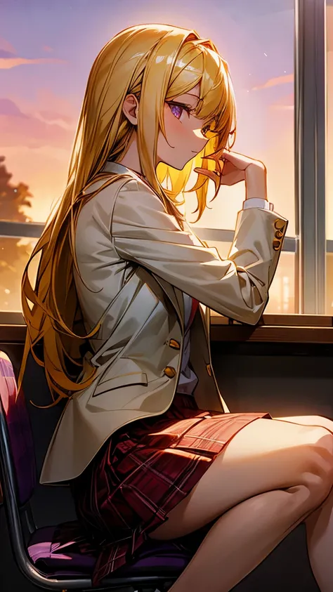 Shoulder-length yellow-haired, purple-eyed young girl wearing a white polo shirt, white blazer and red plaid skirt sitting, side shot by a classroom window golden hour