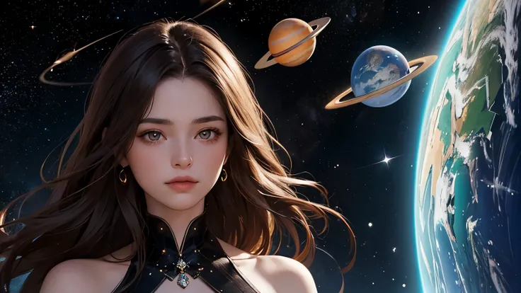 A beautiful woman. Detailed drawing of the face. Twenty years old. Dark brown hair. She is looking at the camera with a defiant expression. she is wearing a dress. An image of outer space and countless planets in the space behind her.