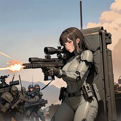 nsfw, very long shot, anime screencap, 16k, perfect anatomy proportion body, perfect hands,  action,  dynamic composition with a sense of speed and dynamism , (Firing an assault rifle, shooting:1.6), milf, 16age, perfect beautiful delicate sexy face, perfe...