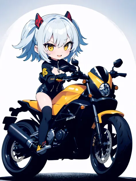 Astride a motorcycle、 Silver Hair、 yellow eyes、Mischievous expression、 image seen from the front 