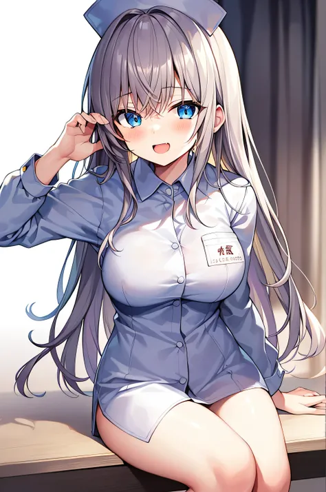  1 girl, nakaNo._future,   Unique , Scantily clad, ,  blue_ have eyes , brown_hair, Long_hair, hair_between_ have eyes , White_, _clothing, White_ Background and  , hospital，Ward，Nurse hat，Nurse uniform，Whites Wings，Watching_Shown in_ Use the following met...