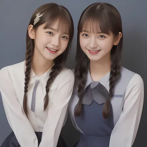 (Highest quality, masterpiece:1.2), Highest quality, High resolution, 1080P, 8k, (Two 13yo Japanese slender 清楚美少女アイドル are seated and give strong subliminal sexual invitation and temptation, cute skirt with beautiful knees, looking at the viewer, viewers fi...