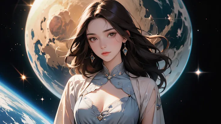 A beautiful woman. Detailed drawing of the face. Twenty years old. Dark brown hair. She is looking at the camera with a defiant expression. she is wearing a dress. An image of outer space and countless planets in the space behind her.