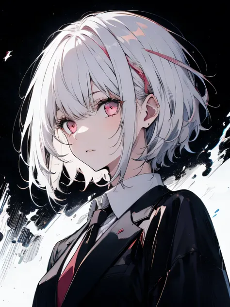     girl，  white hair，    short hair， [Strange Eyes ， Front，Only the upper body is visible，  Pale red eyes,  pale pink eyes ,Light purple eyes,White Eyes,Watch beautiful starry skies ，Watching from afar,   black suit,  Black Tuxedo ,   black jacket   ,  si...