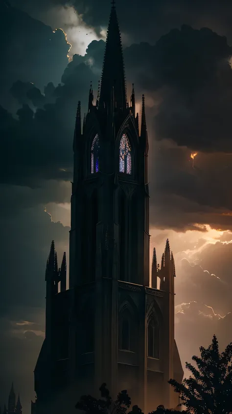 old gothic cathedral,medieval architecture,dramatic lighting,foggy atmosphere,crepuscular rays,dark clouds,moonlit night,eerie ambiance,dilapidated walls,crumbling facade,gargoyles,flying buttresses,high steeple,bell tower,stained glass windows,overgrown v...