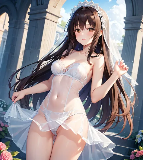 NSFW, (Wonderful and exquisite Yuuki Mikan),  Brown Eyes ,  long brown hair ,, （ transparent short veil ：1.5）, Alone, Very delicate, Straight face,  incomparably beautiful girl with excellent estimates,  soft, (Functional), (Naughty), (Cute), Delicate face...