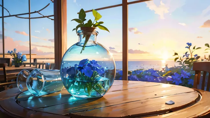 masterpicece, best quaility, ocean, horizon, blue flowers in a glass bottle, garden in a bottle, round glass bottle, on the wooden table, clear sky