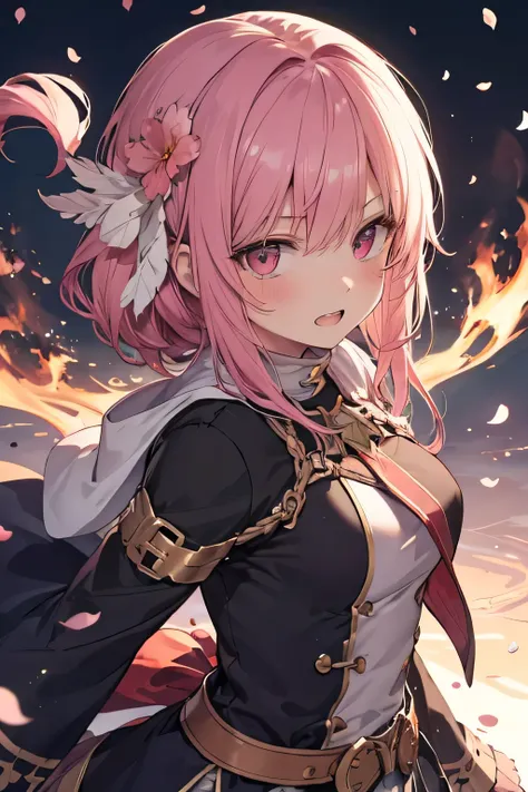 Serious girl ( showing teeth), standing, pink hair color, combat pose, mmorpg background , mmorpg background (A stranger), complete anatomy, graphic effects , ornament of an accessory shaped like a flower on her head, aura, Monk black and white unifo...