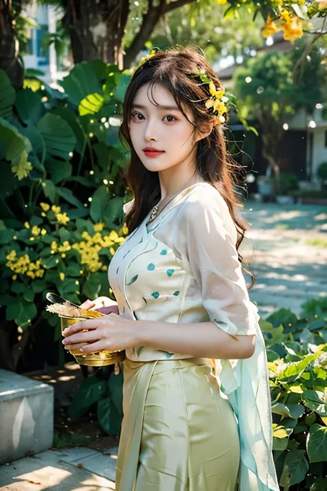 (best quality,4k,8k,highres,masterpiece:1.2),ultra-detailed,(realistic,photorealistic,photo-realistic:1.37),Burmese women,padauk flowers,vibrant,ethereal,portraits,golden lighting,traditional dress,women intense gaze,natural beauty,exquisite traditional ma...