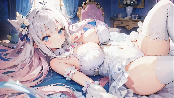 Princess Room in Rolita Style，long silver hair，Girl Lying on Pillow， Gentle Smile