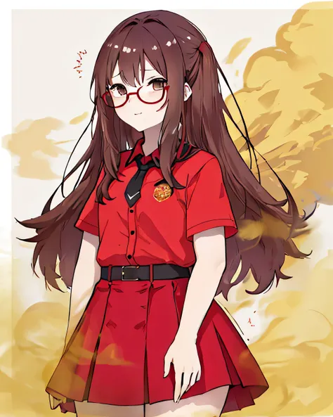 8K，,(( 1 girl in)),  focus on the character ,Girl wearing thin yellow glasses with long brown hair, red shirt and red skirt.，‎Class，pedo， The stench is widespread, The skirt starts to flutter because of the farts 