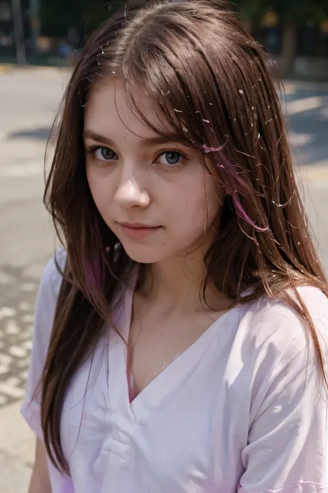 The long-haired, pink-white girl, purple-pink eyes, her face red with shyness, the camera angle looked down from above, her face turned open, her shirt soaked with water.