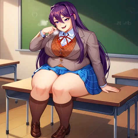 Cartoon screencap, 2d, Yuri from doki doki literature club , Knitted  stockings, woman sitting on table, dressed, classroom background, plaid skirt, adult smirk  face, 😉, full body view, pantylines, Shoes, solo, 👍 fat, chubby, obese, gigantic arms and legs...