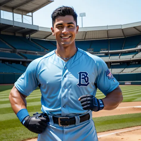 32years old,One Man, baseball players with dreams、Muscular、Light blue uniform、Light blue uniformパンツ、 black belt、 Black Gloves 、, short hair, smooth hair、Muscular、Baseball Stadium。cool batting 、The face of a handsome American　　 upper body up 　smile