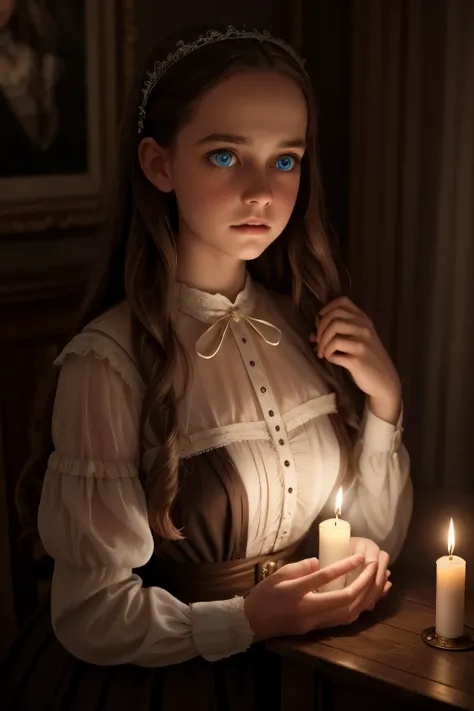 (best quality,realistic),Christmas Eve atmosphere,classic literature,portraits,Victorian era,Christmas Eve atmosphere,creepy mansion,richly detailed backgrounds, mysterious shadows,candlelit room,Virginias flowing gown,subtle smiles,magic realism,ethereal ...