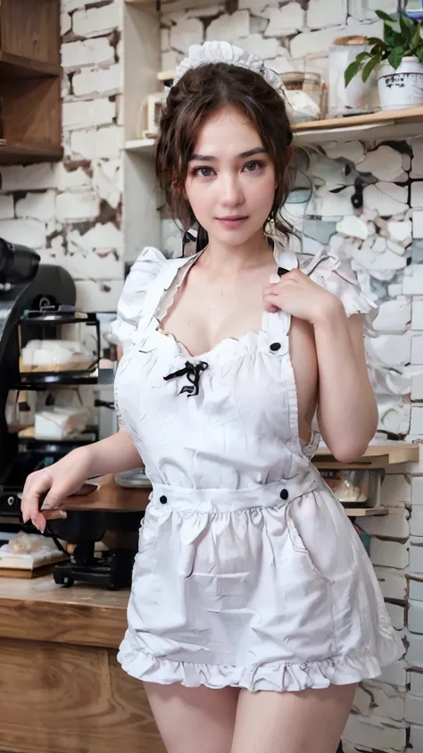 Beautiful barista making coffee wearing barista apron with seductive pose, big smile, happy, excited, She appears without bra in elegant dress. looking away to the viewer, shot from below, background Modern cafe with wooden bar counter, sophisticated espre...