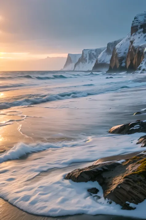 a serene winter landscape, a snowy beach with rolling waves, a gentle snowfall, a lone figure walking along the shoreline, craggy cliffs in the distance, overcast skies with soft lighting, muted color palette of blues and grays, a tranquil and peaceful atm...