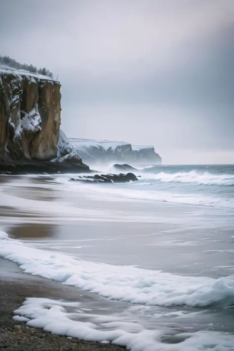 a serene winter landscape, a snowy beach with rolling waves, a gentle snowfall, a lone figure walking along the shoreline, craggy cliffs in the distance, overcast skies with soft lighting, muted color palette of blues and grays, a tranquil and peaceful atm...